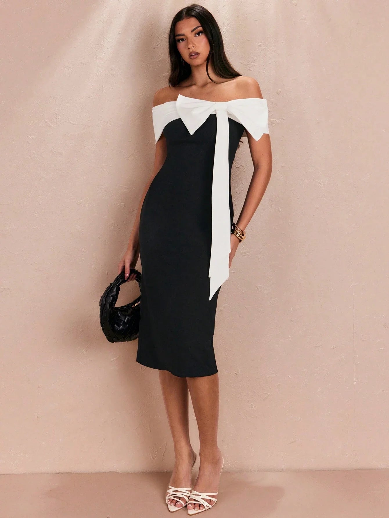 BAE Summer Romantic Date/Commute Plain Color Black/White Sexy Elegant Off-Shoulder Large Bow Decorated Women's Midi Dress