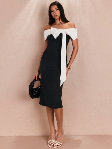 BAE Summer Romantic Date/Commute Plain Color Black/White Sexy Elegant Off-Shoulder Large Bow Decorated Women's Midi Dress