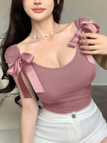 DAZY Backless Bow Tie Ribbon Slim Fit Short Sleeve Women's T-Shirt