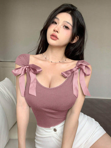 DAZY Backless Bow Tie Ribbon Slim Fit Short Sleeve Women's T-Shirt