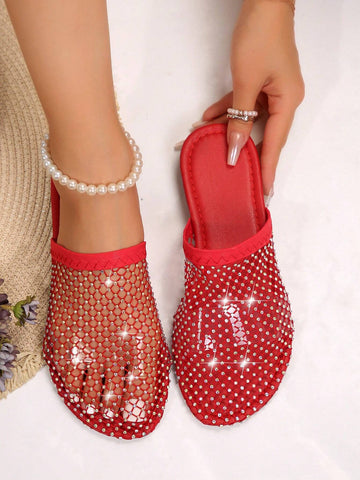 Women's Flat Sandals, Hollow Out With Rhinestones