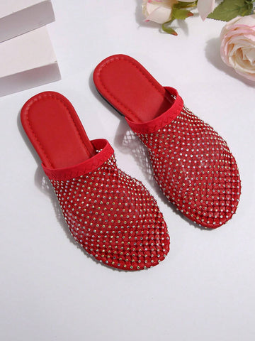 Women's Flat Sandals, Hollow Out With Rhinestones