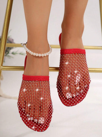 Women's Flat Sandals, Hollow Out With Rhinestones