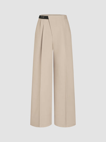 Petite Mid Rise Solid Belted Straight Leg Trousers