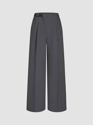 Petite Mid Rise Solid Belted Straight Leg Trousers