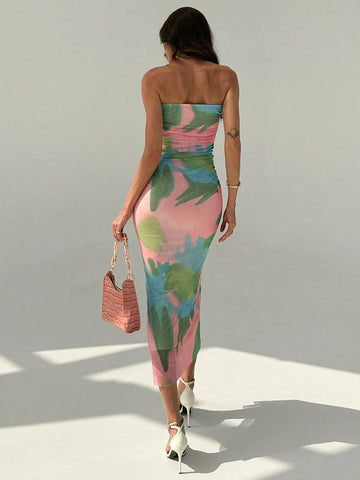 Aloruh American-Style Gradient Mesh Print Strapless Bodycon Dress