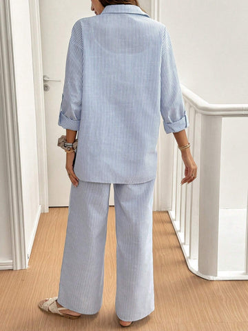 Women's Solid Color Single-Breasted Roll-Up Sleeve Shirt And Wide-Leg Pants