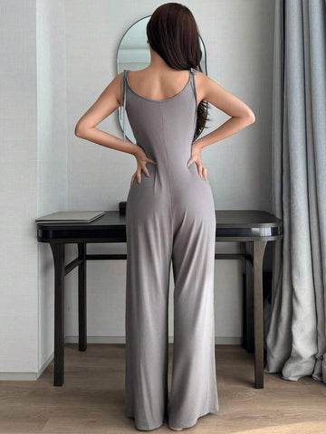 DAZY Women's Solid Color Simple Casual Straight Knitted Drawstring Jumpsuit