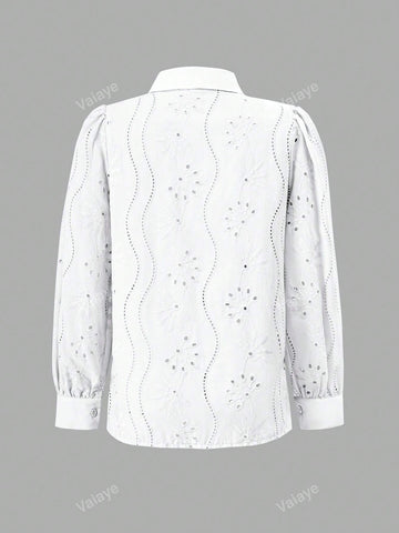 Women's Hollow-Out Embroidery Turn-Down Collar Casual Long Sleeve Top