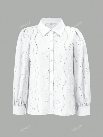 Women's Hollow-Out Embroidery Turn-Down Collar Casual Long Sleeve Top