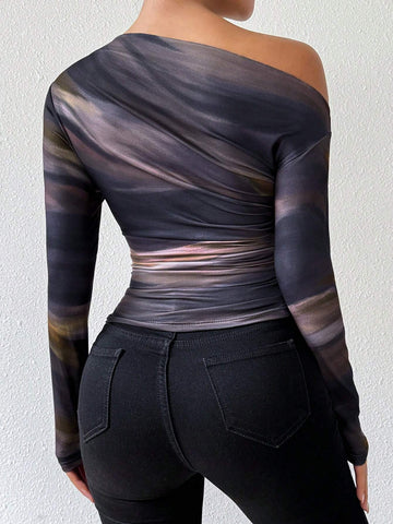 Priv� Marble Ombre Print Asymmetric Ruched Long Sleeve Top