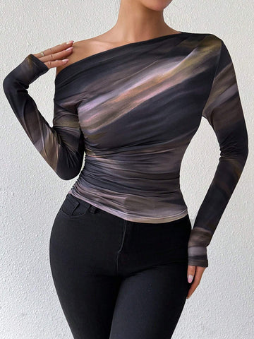 Privé Marble Ombre Print Asymmetric Ruched Long Sleeve Top