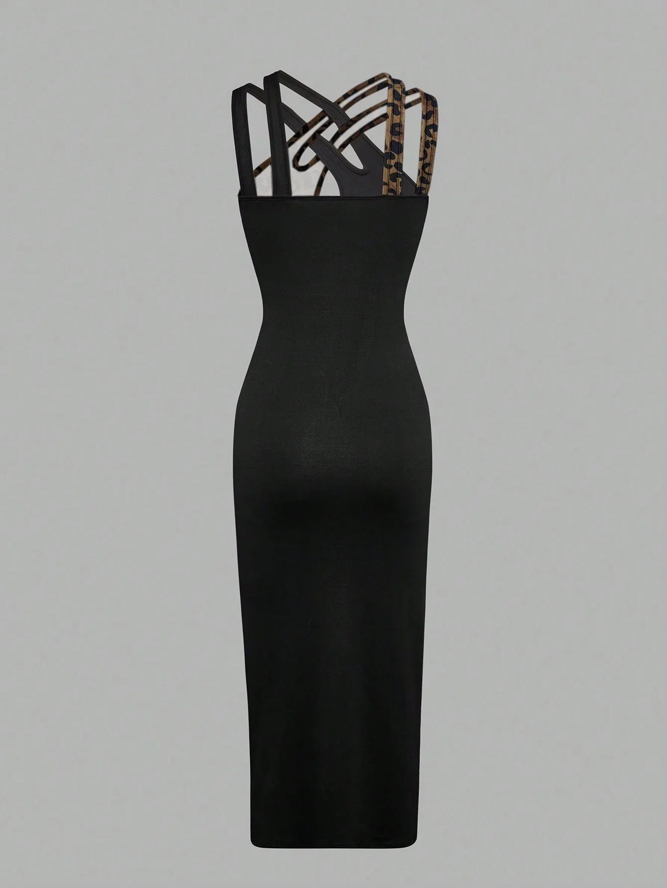 Priv� Color-Blocked Leopard Print Halterneck Dress With Hollow-Out Details