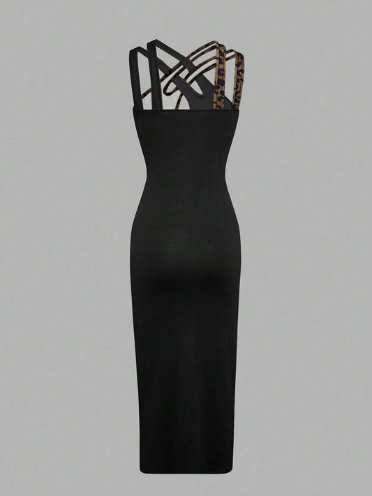 Privé Color-Blocked Leopard Print Halterneck Dress With Hollow-Out Details