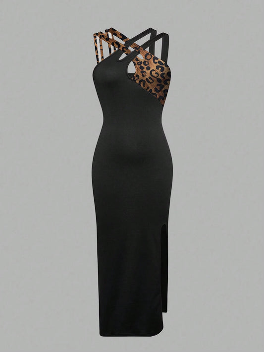 Privé Color-Blocked Leopard Print Halterneck Dress With Hollow-Out Details