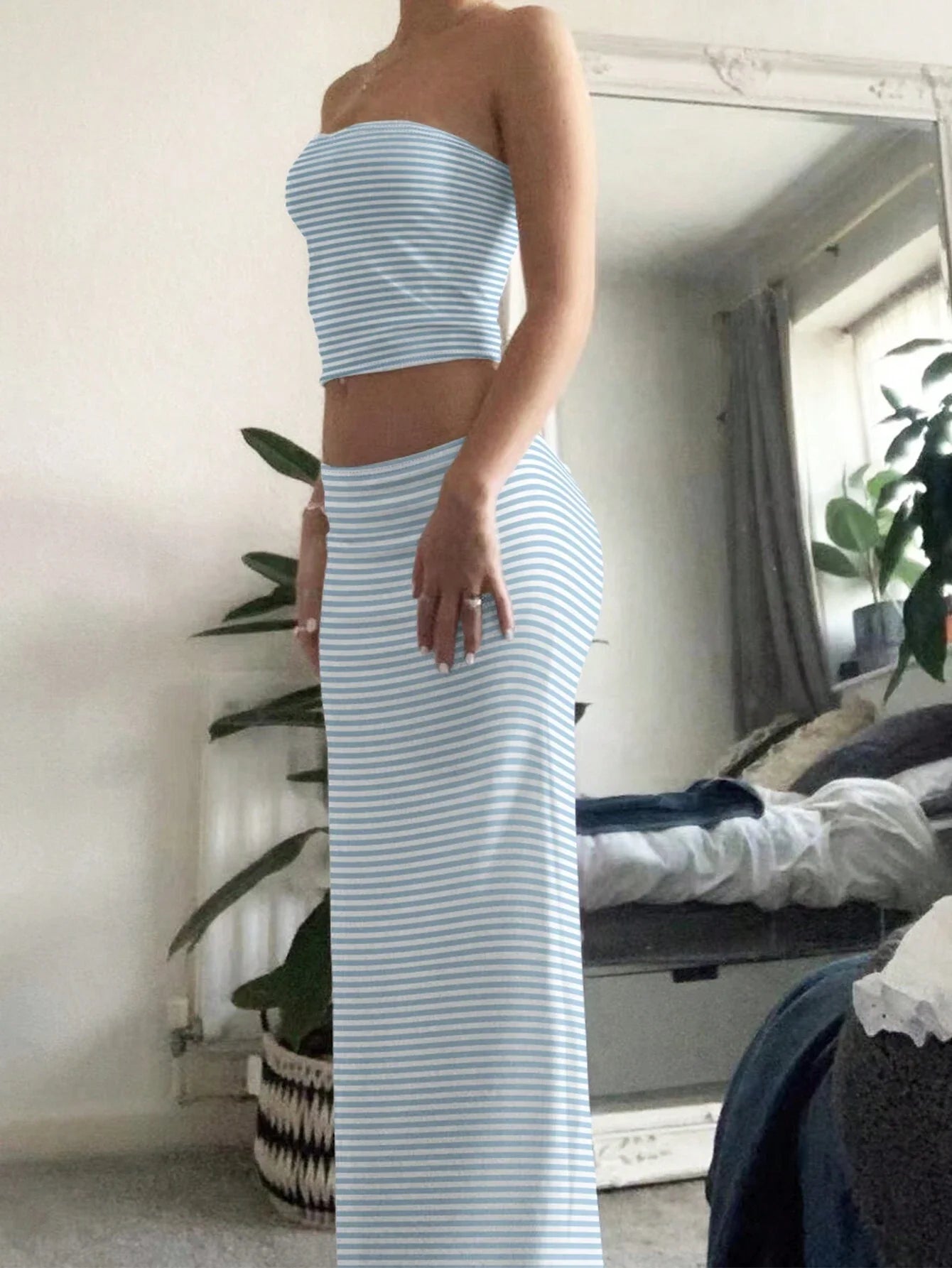 EZwear Ladies' Solid Color Simple Daily Strapless Top And Skirt