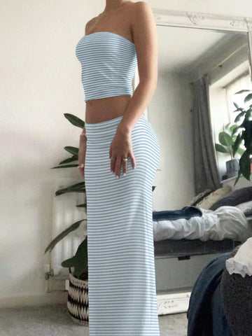 EZwear Ladies' Solid Color Simple Daily Strapless Top And Skirt