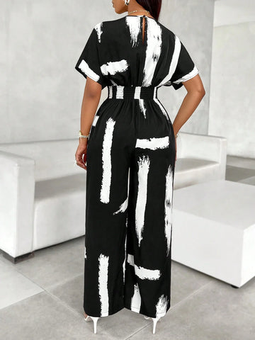 Lyxana Allover Print Batwing Sleeve Shirt Jumpsuit