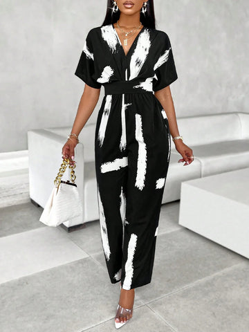 Lyxana Allover Print Batwing Sleeve Shirt Jumpsuit