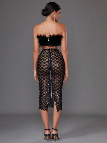 New Stylish Halter Crop Top & Faux Fur Mini Skirt 2-Piece Outfit