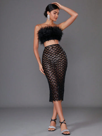New Stylish Halter Crop Top & Faux Fur Mini Skirt 2-Piece Outfit