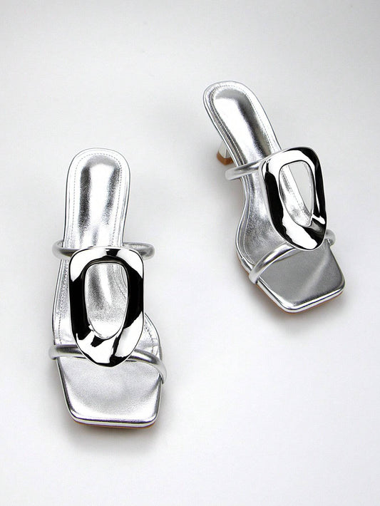 Women's Elegant & Fashionable Silver Metallic Buckle Decorated High Heel Mules