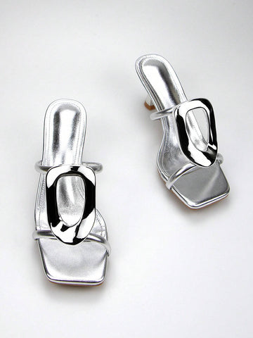 Women's Elegant & Fashionable Silver Metallic Buckle Decorated High Heel Mules
