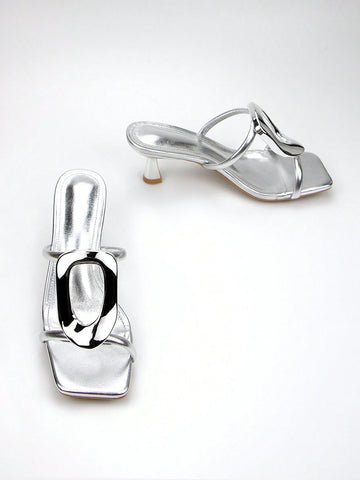 Women's Elegant & Fashionable Silver Metallic Buckle Decorated High Heel Mules