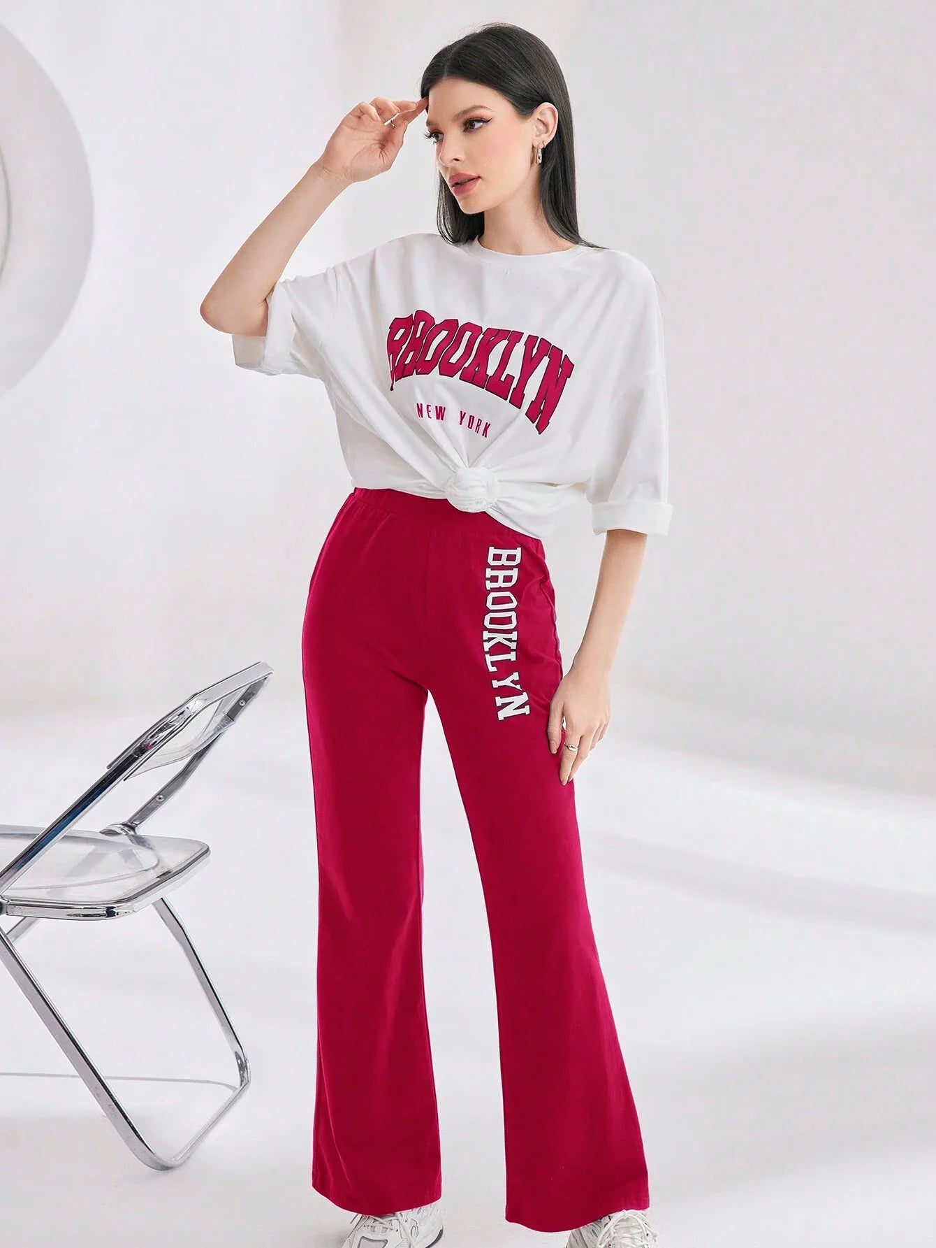 Mulvari Women Spring/Summer Casual Loose Fit Drop Shoulder Short Sleeve Top And Flared Pants Set