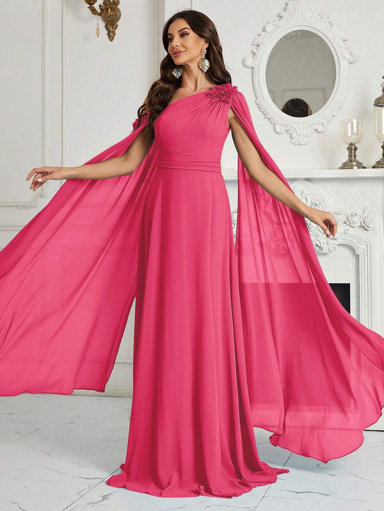 Belle 3D Flower, Chiffon, Asymmetrical Neck Bridesmaid Dress With Graceful Sleeves
