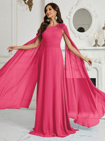 Belle 3D Flower, Chiffon, Asymmetrical Neck Bridesmaid Dress With Graceful Sleeves