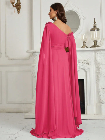 Belle 3D Flower, Chiffon, Asymmetrical Neck Bridesmaid Dress With Graceful Sleeves