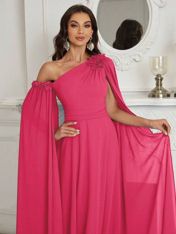 Belle 3D Flower, Chiffon, Asymmetrical Neck Bridesmaid Dress With Graceful Sleeves