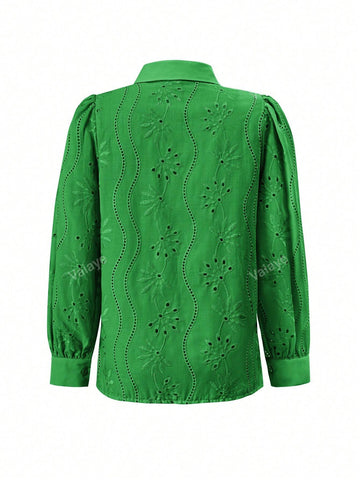 Women's Hollow-Out Embroidery Turn-Down Collar Casual Long Sleeve Top