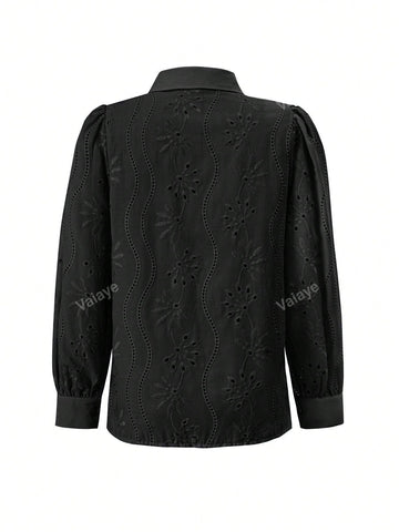 Women's Hollow-Out Embroidery Turn-Down Collar Casual Long Sleeve Top