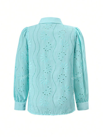 Women's Hollow-Out Embroidery Turn-Down Collar Casual Long Sleeve Top