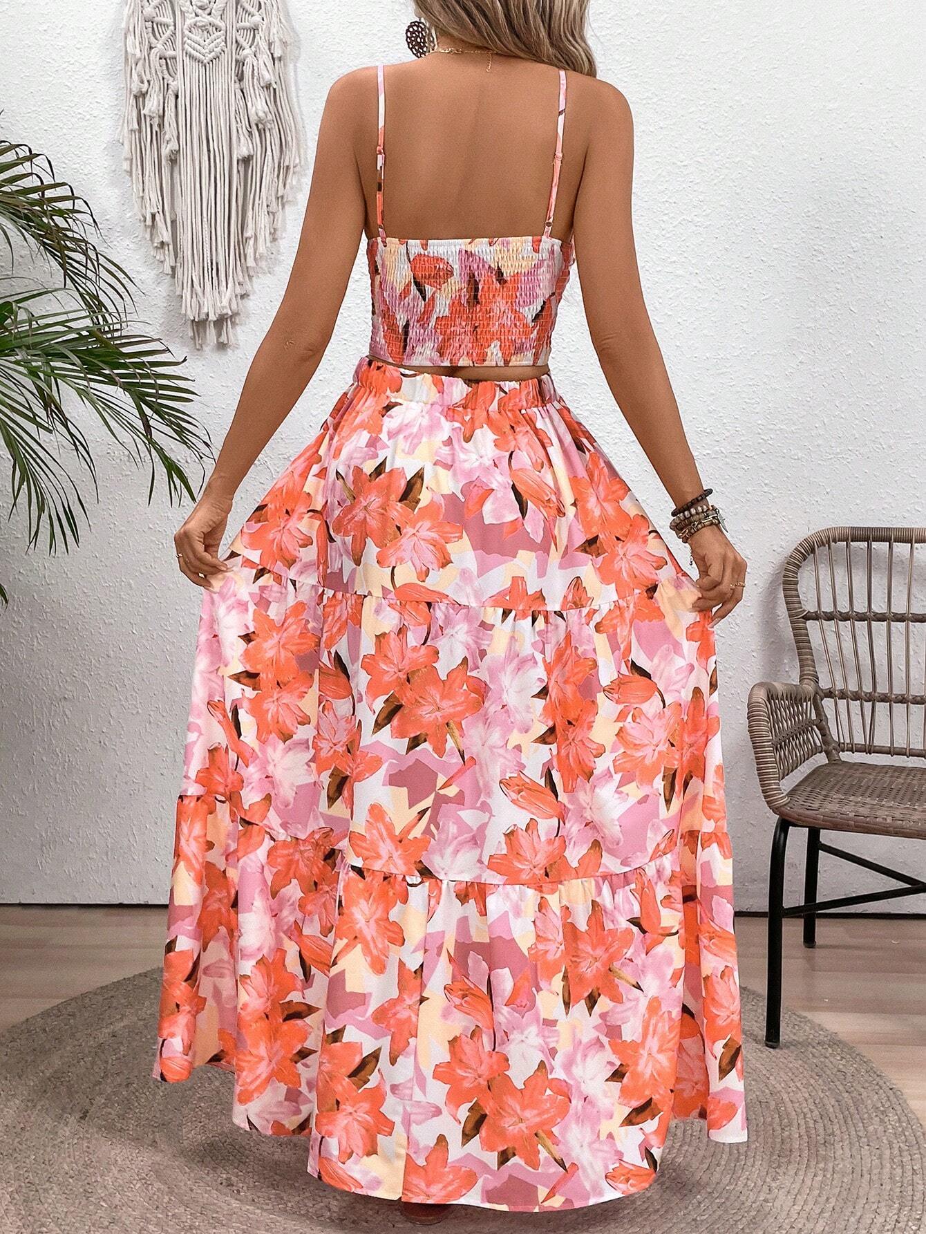 VCAY Floral Printed Spaghetti Strap Twist Front Sleeveless Top And Ruffled Hem Skirt