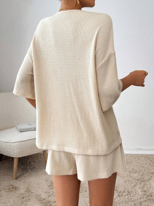 Essnce Solid Tie Front Drop Shoulder Top & Shorts