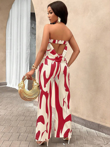 Slayr Geo Print Draped Back Tube Top & Wide Leg Pants Set