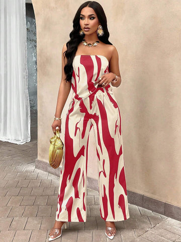 Slayr Geo Print Draped Back Tube Top & Wide Leg Pants Set