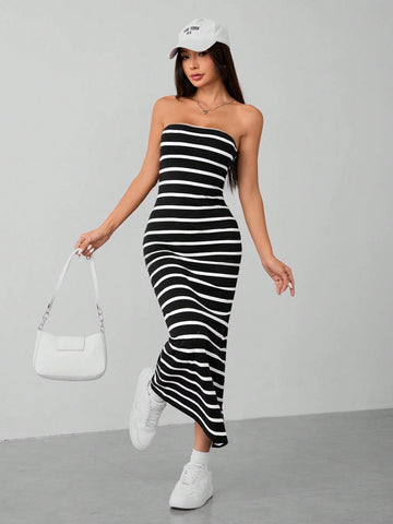 PETITE Striped Knitted Tube Top Women's Dress