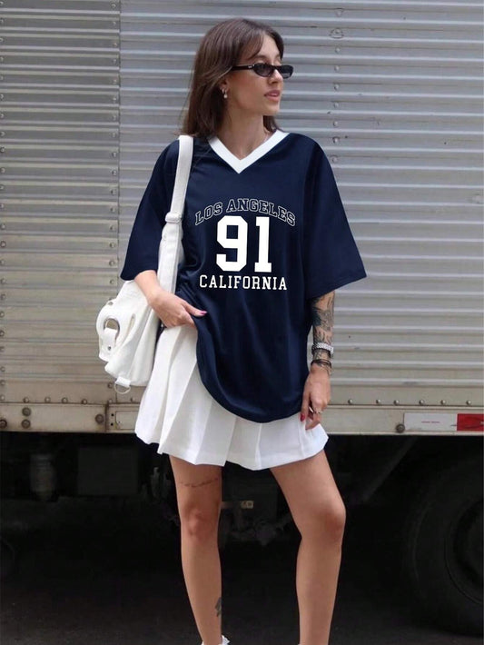 European Cup Number Printed Loose V-Neck T-Shirt