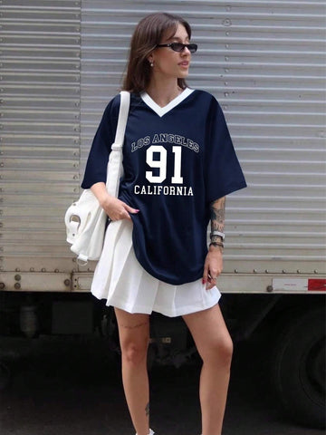 European Cup Number Printed Loose V-Neck T-Shirt