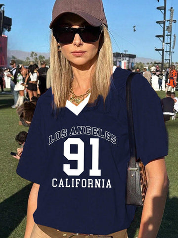 European Cup Number Printed Loose V-Neck T-Shirt