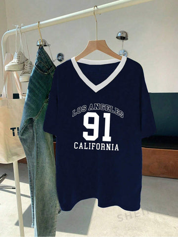 European Cup Number Printed Loose V-Neck T-Shirt