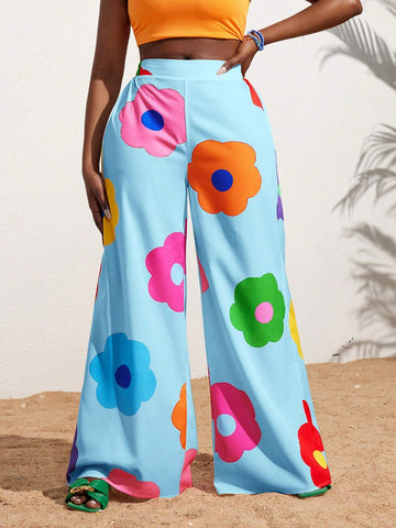 Slayr Summer Casual Vacation Colorful Flower All-Over Printed Wide-Leg Pants