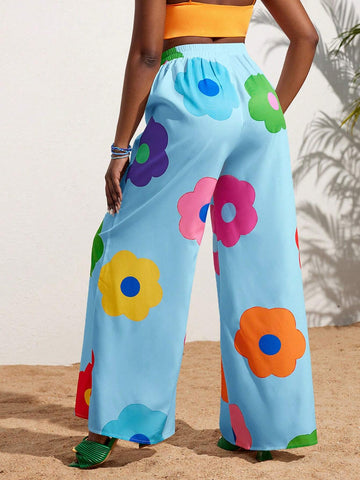 Slayr Summer Casual Vacation Colorful Flower All-Over Printed Wide-Leg Pants