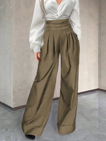 Essnce Solid Color Pleated Long Casual Pants