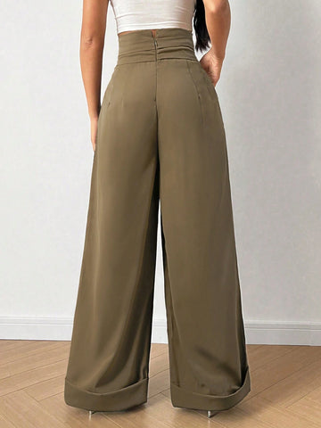 Essnce Solid Color Pleated Long Casual Pants