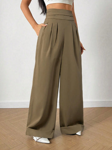 Essnce Solid Color Pleated Long Casual Pants